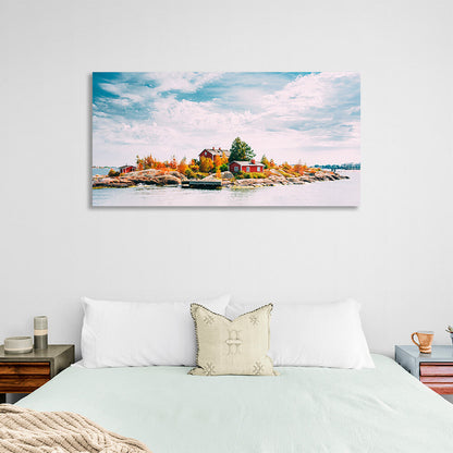 Three small houses on a cliff in the sea Canvas Wall Art Print