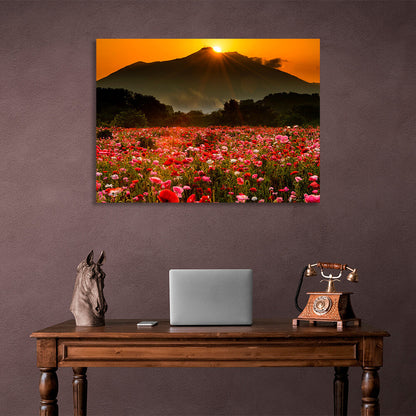 A field of poppies against a background of forest, mountains and sunset Canvas Wall Art Print