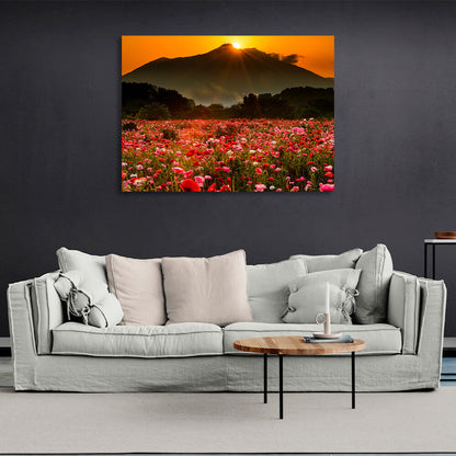 A field of poppies against a background of forest, mountains and sunset Canvas Wall Art Print