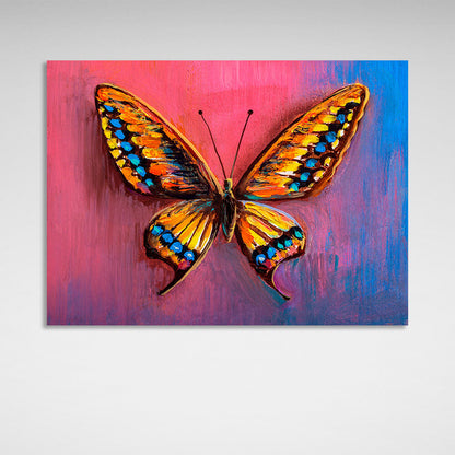 Orange butterfly on a pink and blue background Canvas Wall Art Print