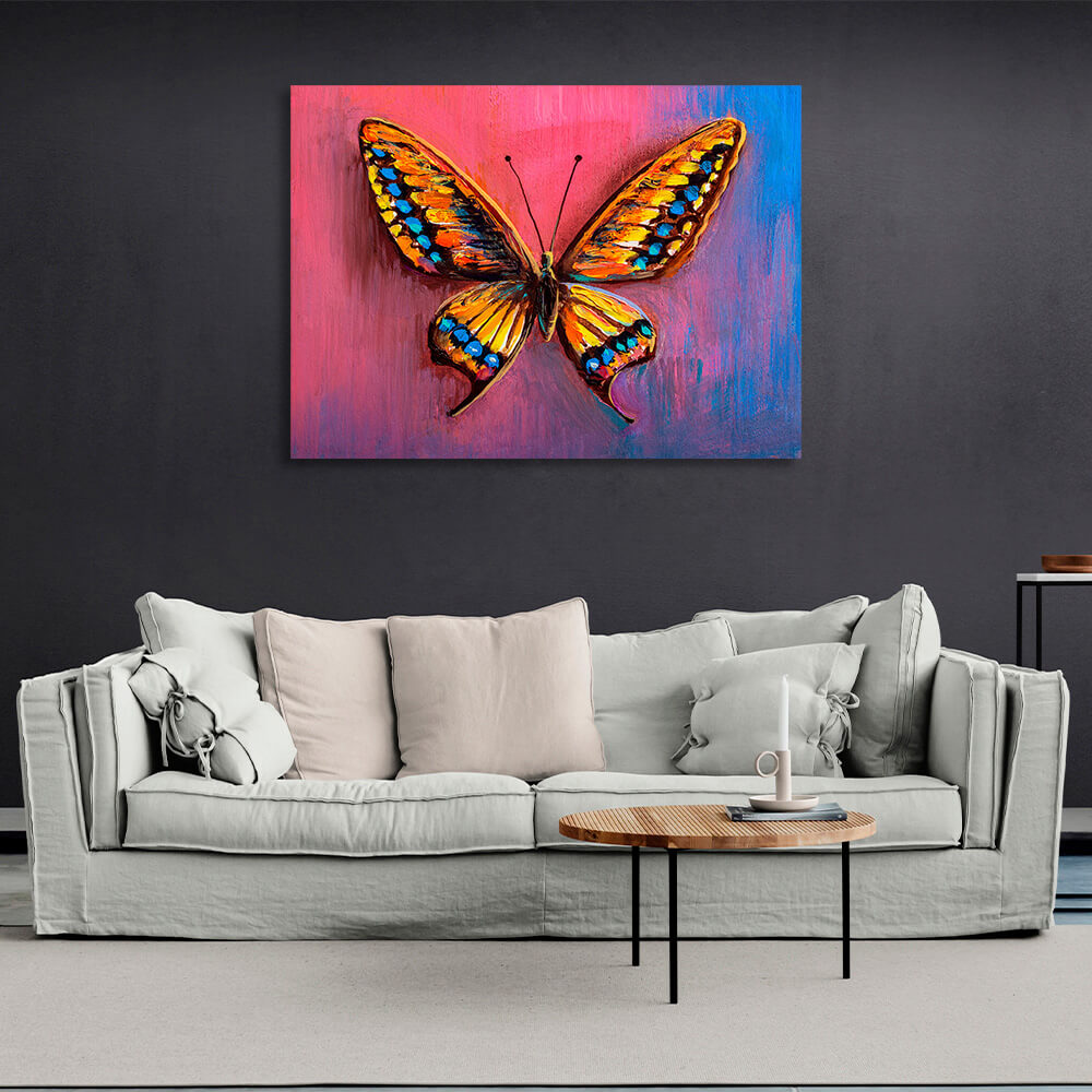 Orange butterfly on a pink and blue background Canvas Wall Art Print