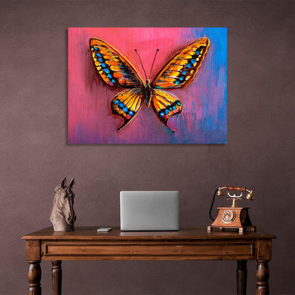 Orange butterfly on a pink and blue background Canvas Wall Art Print