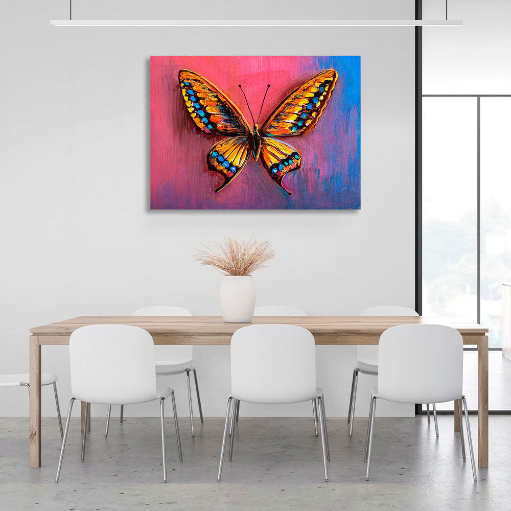 Orange butterfly on a pink and blue background Canvas Wall Art Print