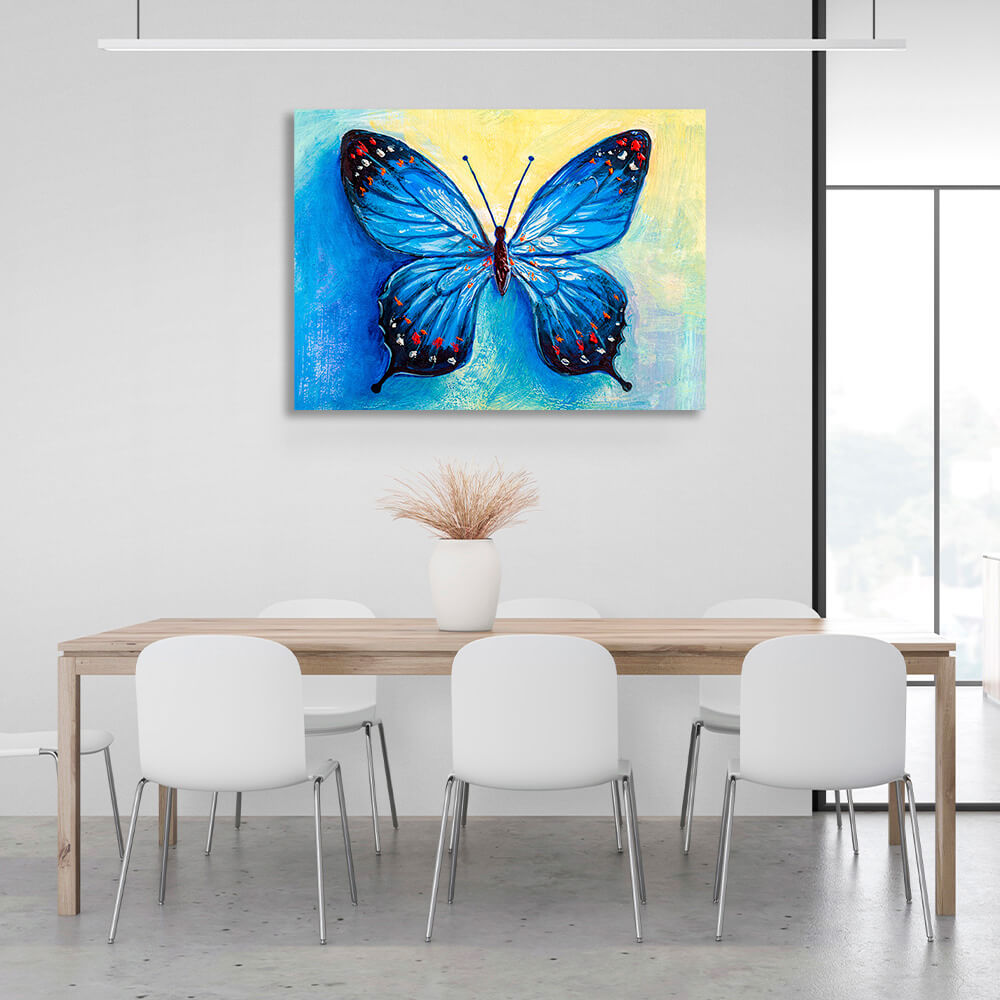 Blue butterfly on a blue-yellow background Canvas Wall Art Print