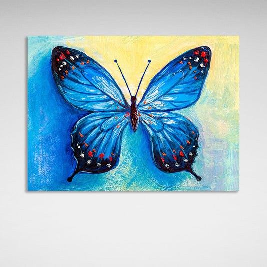 Blue butterfly on a blue-yellow background Canvas Wall Art Print