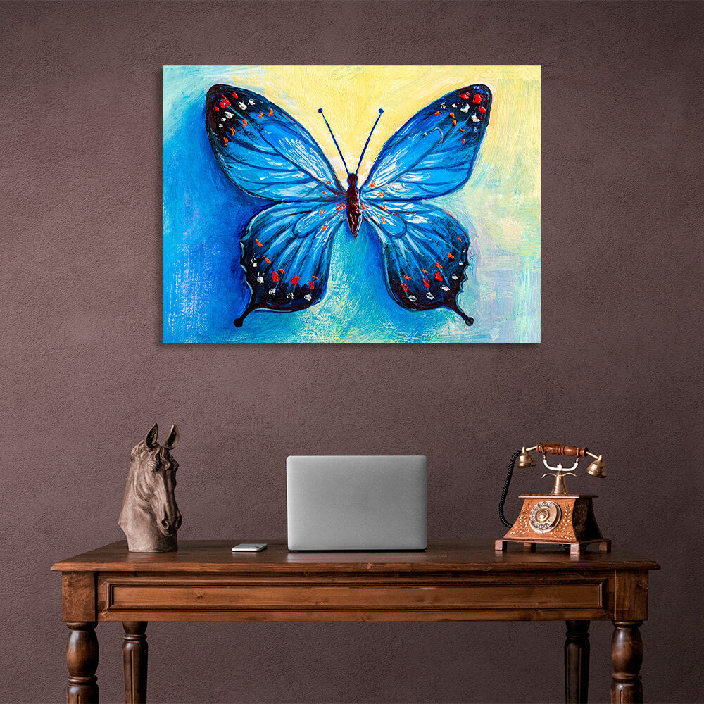 Blue butterfly on a blue-yellow background Canvas Wall Art Print