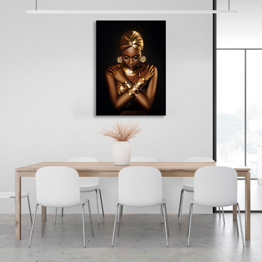 Oriental woman looking down in brown and gold colors Canvas Wall Art Print