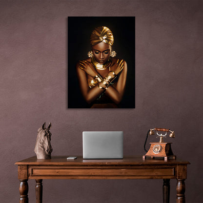 Oriental woman looking down in brown and gold colors Canvas Wall Art Print