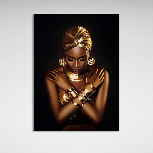 Oriental woman looking down in brown and gold colors Canvas Wall Art Print