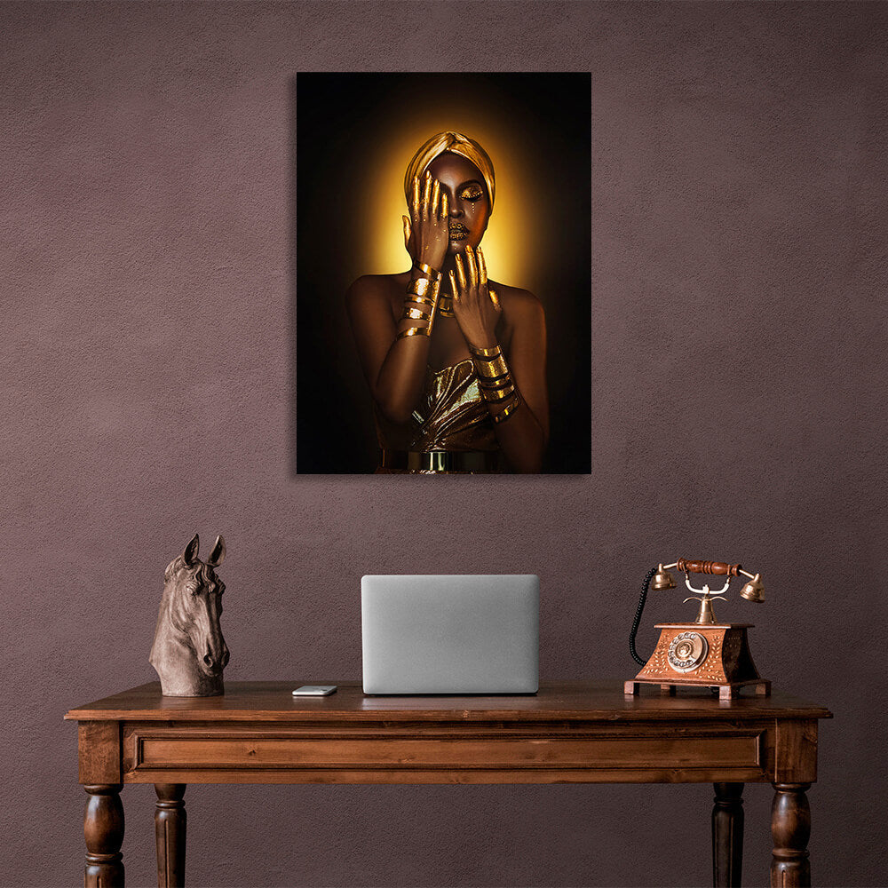 Oriental woman in brown and gold colors Canvas Wall Art Print