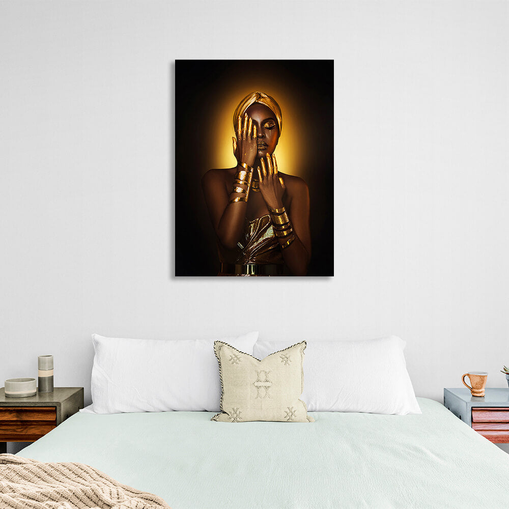 Oriental woman in brown and gold colors Canvas Wall Art Print