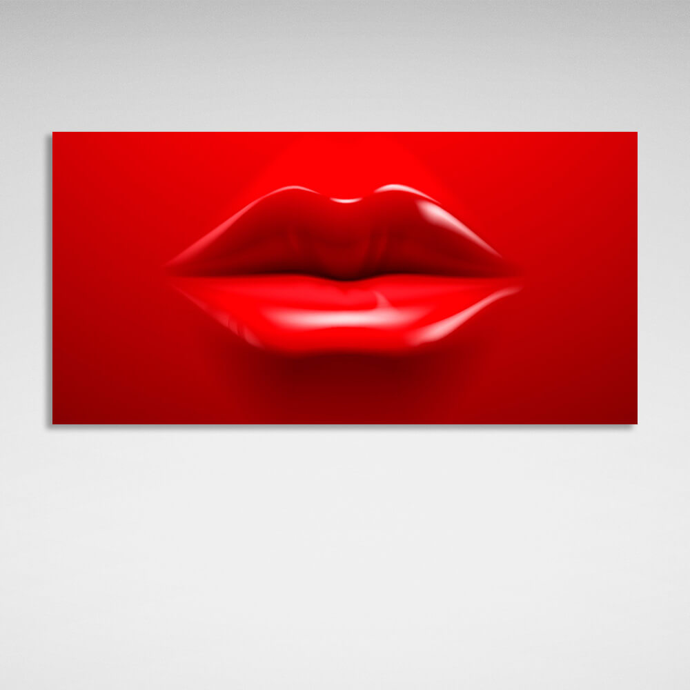 Red lips on a red background Canvas Wall Art Print