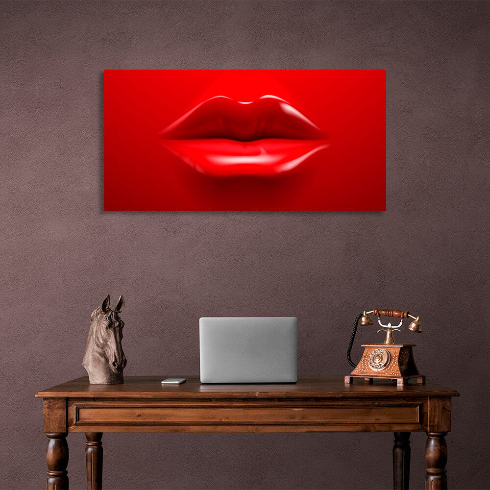 Red lips on a red background Canvas Wall Art Print