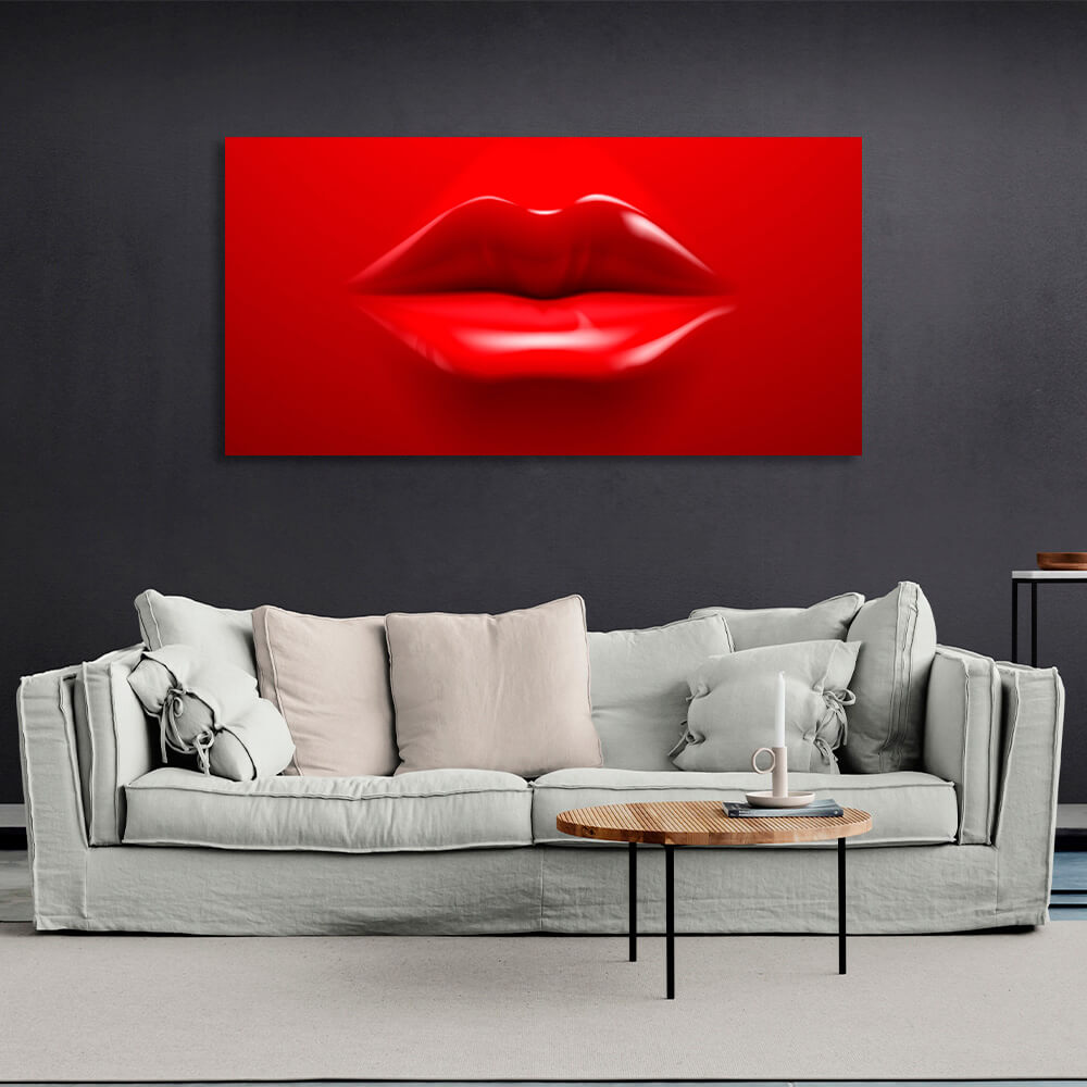 Red lips on a red background Canvas Wall Art Print