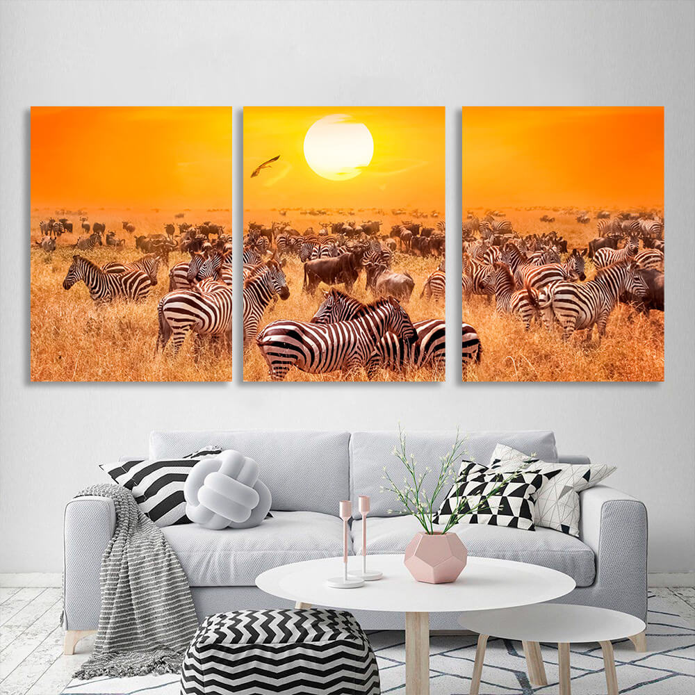 Modular zebras in the field Multi Panel Canvas Wall Art Print