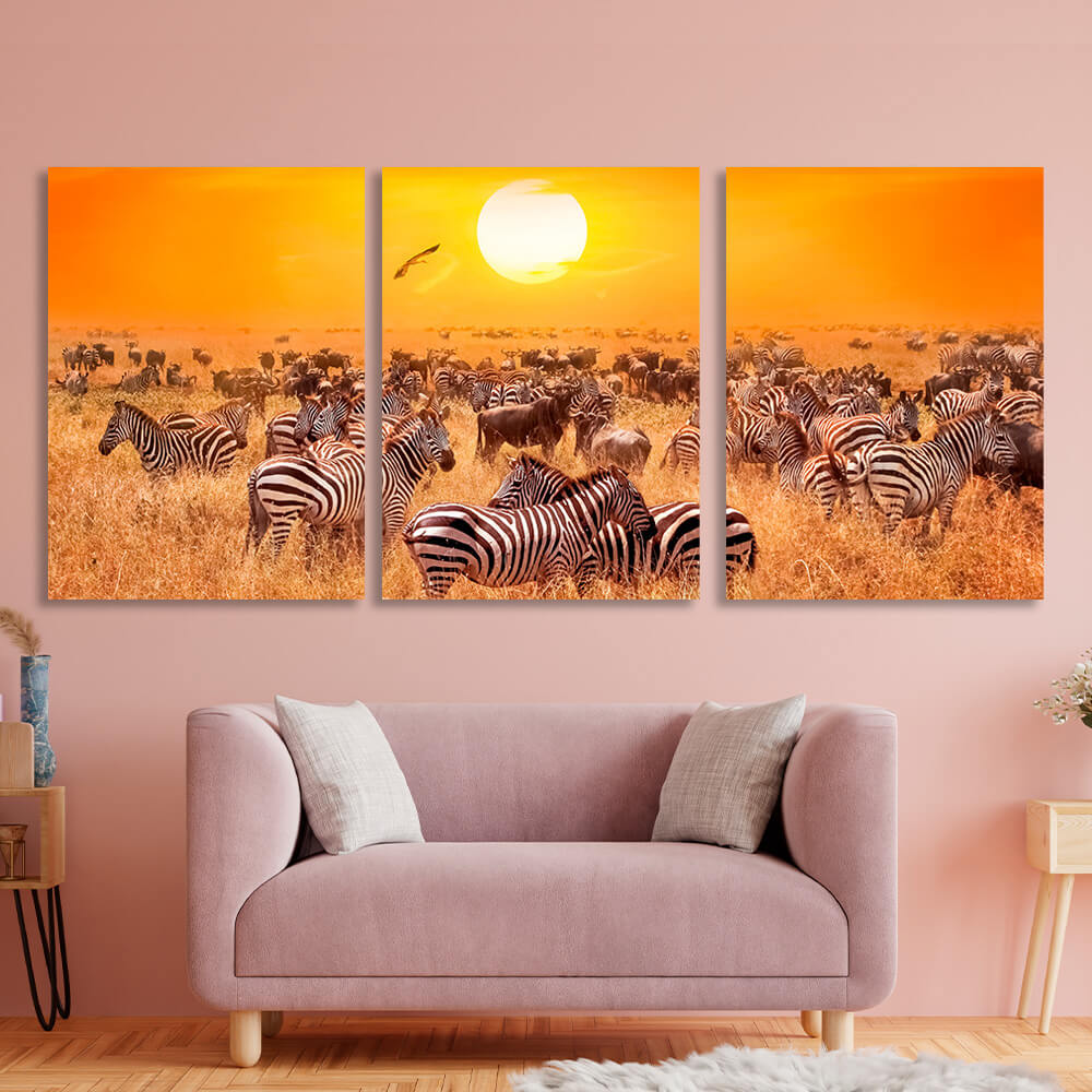 Modular zebras in the field Multi Panel Canvas Wall Art Print