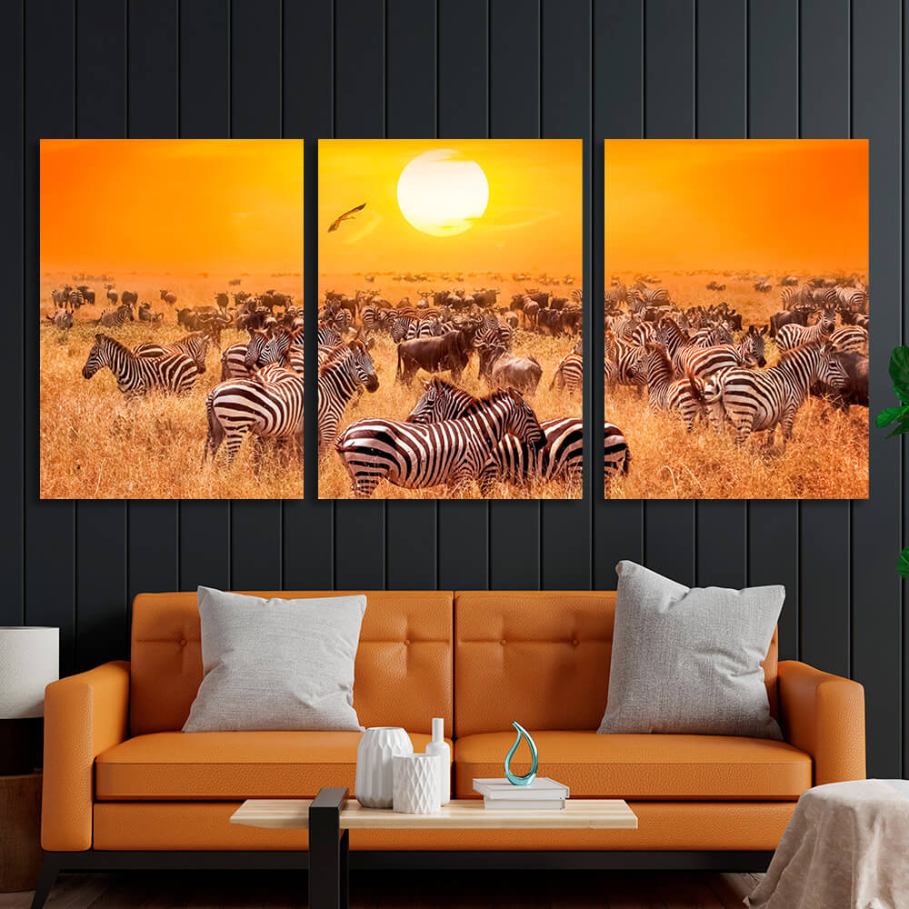 Modular zebras in the field Multi Panel Canvas Wall Art Print