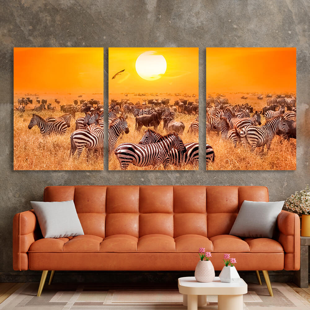 Modular zebras in the field Multi Panel Canvas Wall Art Print