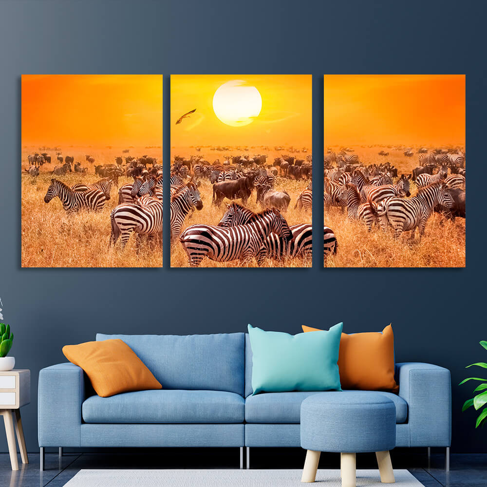 Modular zebras in the field Multi Panel Canvas Wall Art Print