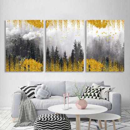 Modular misty forest with golden elements Multi Panel Canvas Wall Art Print