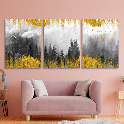 Modular misty forest with golden elements Multi Panel Canvas Wall Art Print