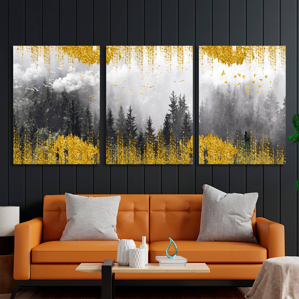 Modular misty forest with golden elements Multi Panel Canvas Wall Art Print