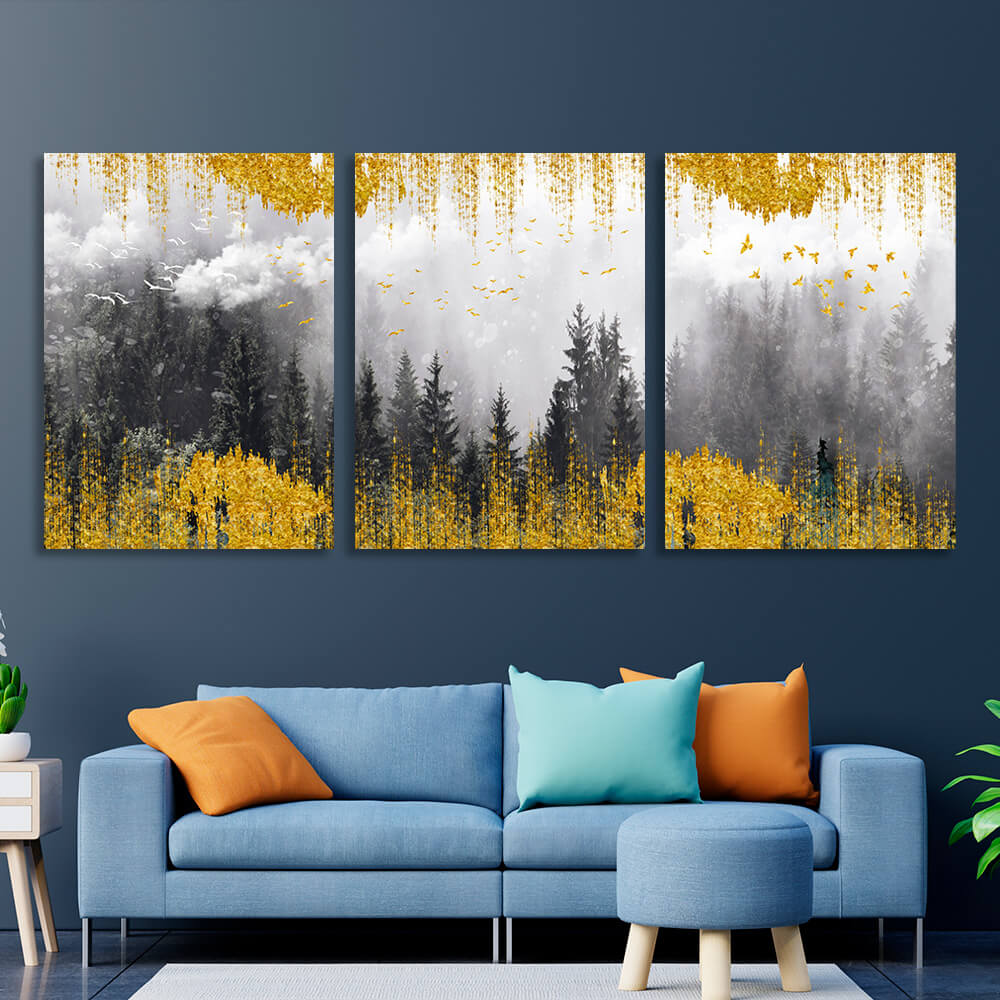 Modular misty forest with golden elements Multi Panel Canvas Wall Art Print