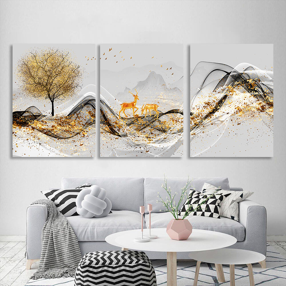 Modular gold deer on a gray background Multi Panel Canvas Wall Art Print