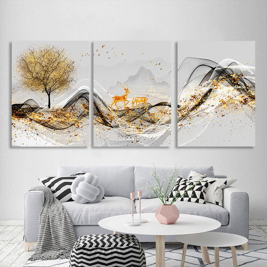 Modular gold deer on a gray background Multi Panel Canvas Wall Art Print