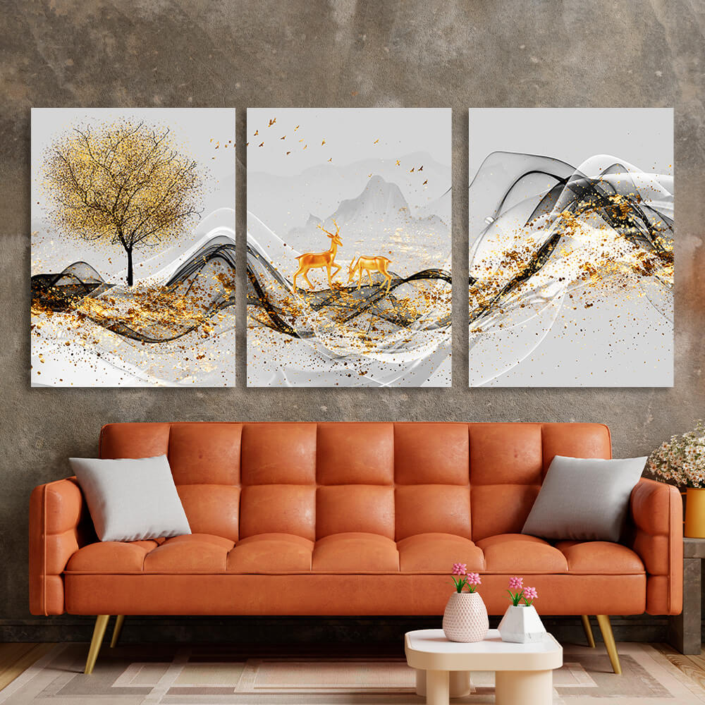 Modular gold deer on a gray background Multi Panel Canvas Wall Art Print