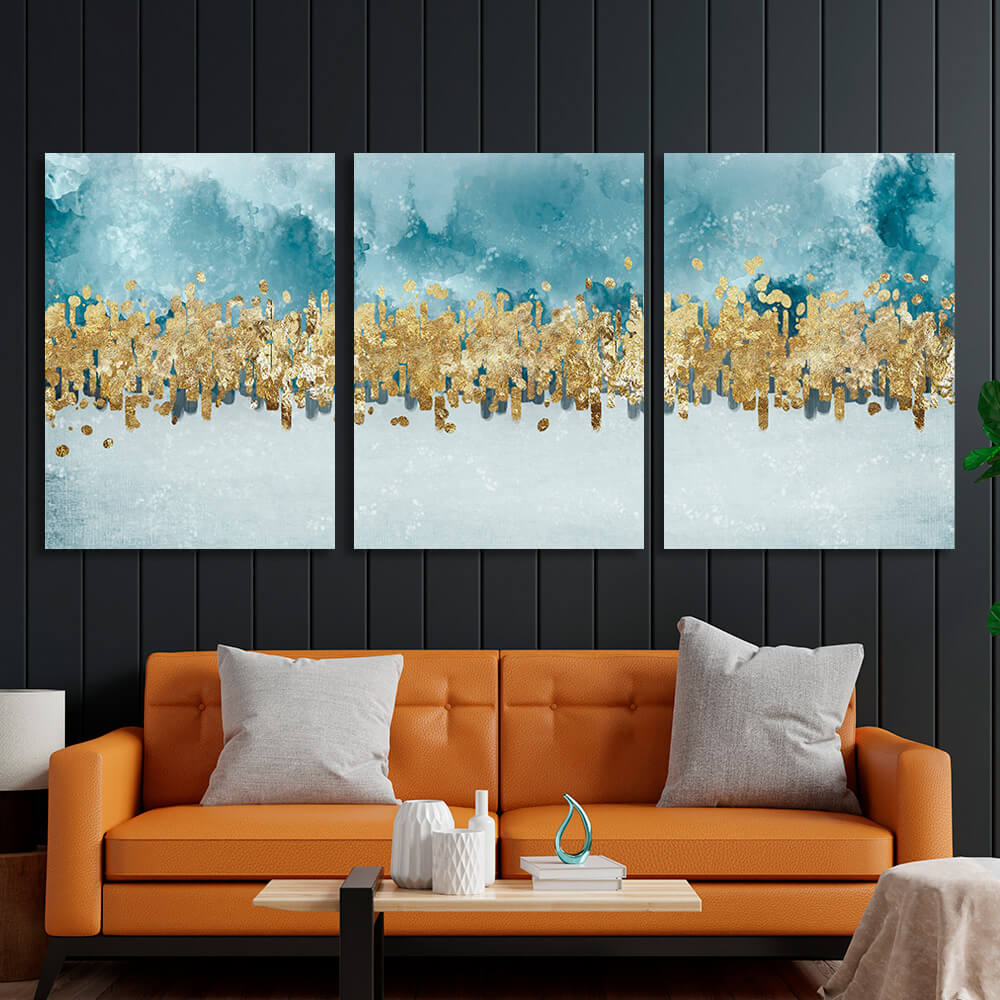 Modular blue-gray abstract with gold elements Multi Panel Canvas Wall Art Print