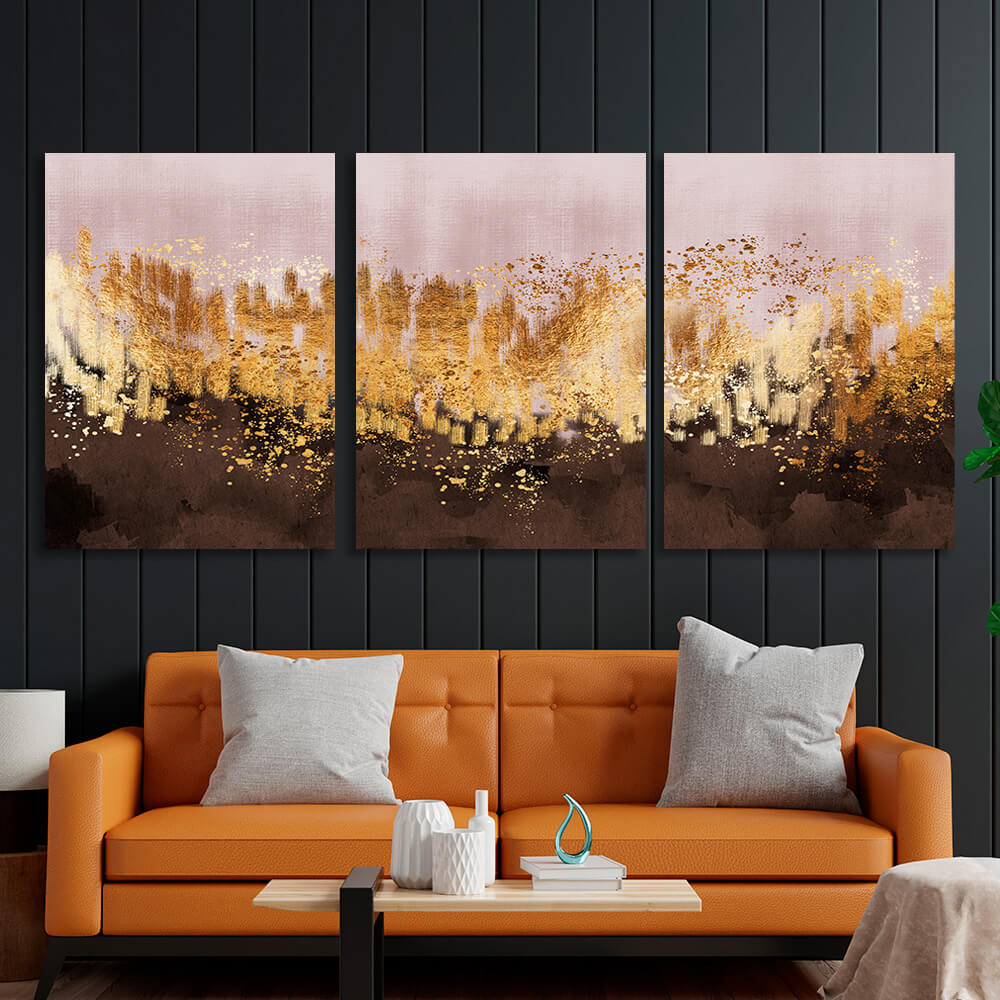 Modular powder brown abstract with gold elements Multi Panel Canvas Wall Art Print