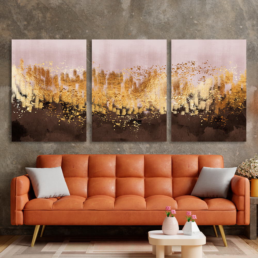 Modular powder brown abstract with gold elements Multi Panel Canvas Wall Art Print