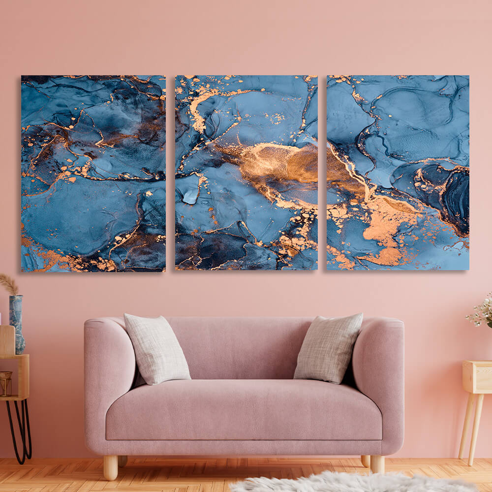 Modular blue and gold abstract Multi Panel Canvas Wall Art Print