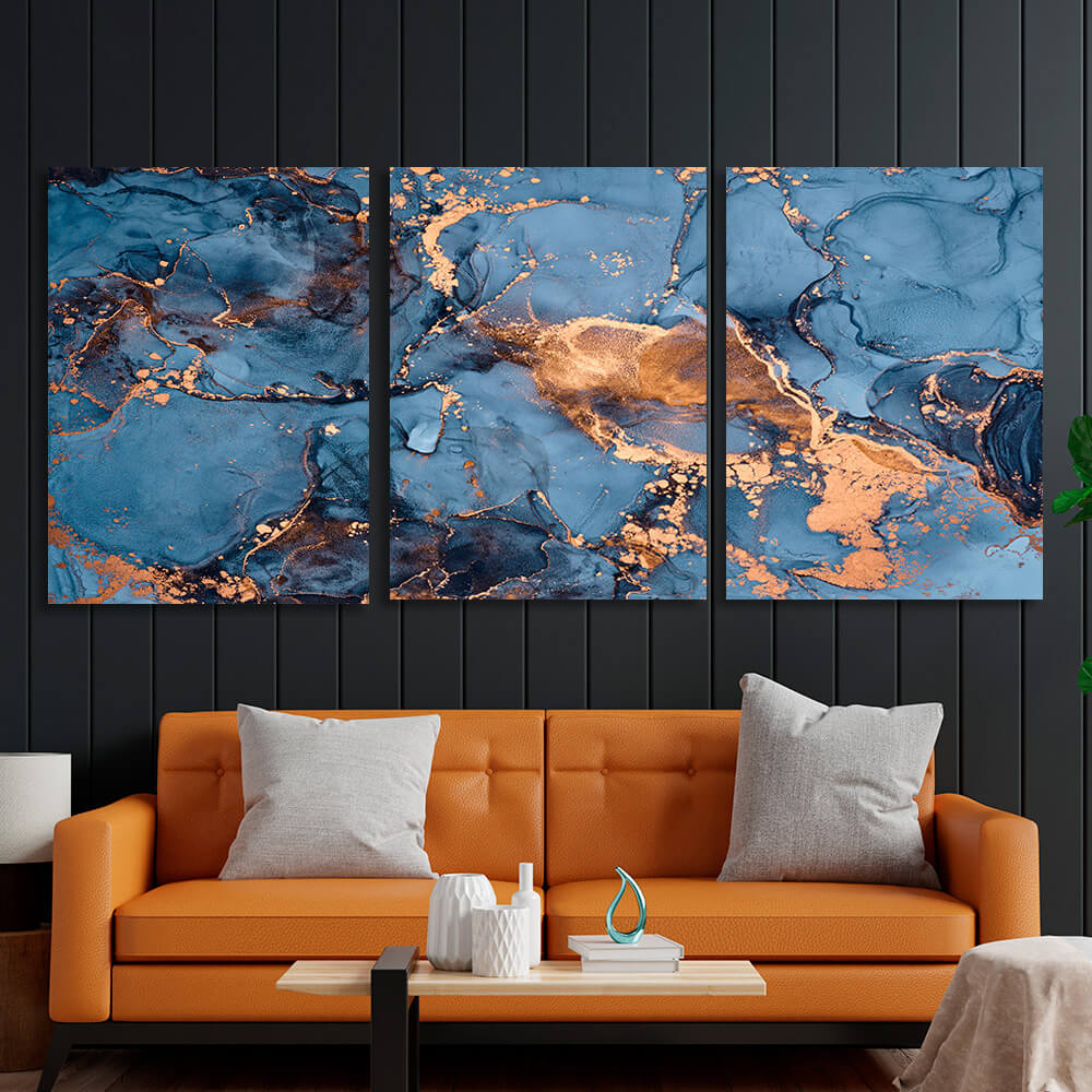 Modular blue and gold abstract Multi Panel Canvas Wall Art Print