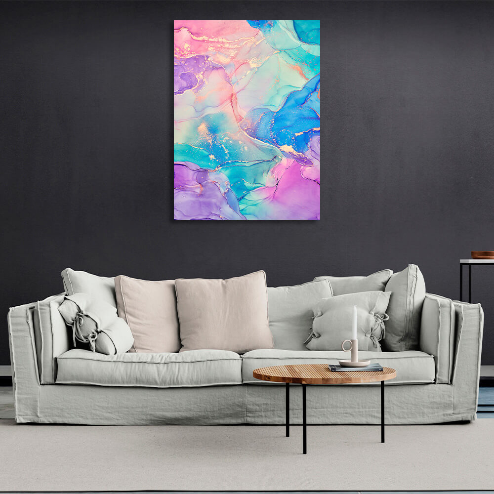 Pink and lilac abstract with blue and gold tones Abstraction Canvas Wall Art Print