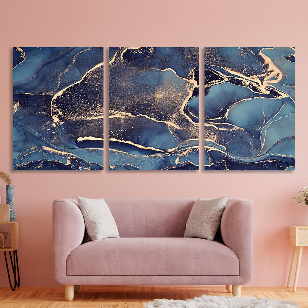 Modular abstract in dark blue and gold Multi Panel Canvas Wall Art Print