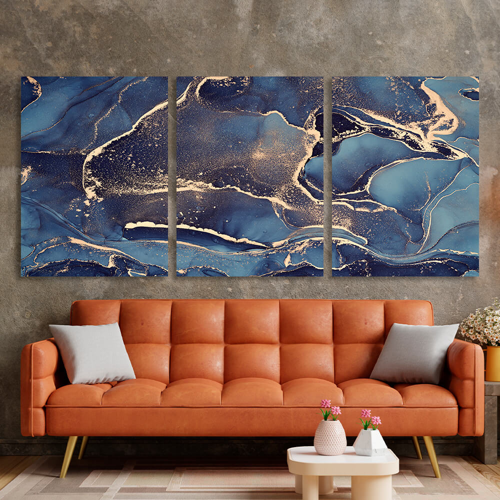 Modular abstract in dark blue and gold Multi Panel Canvas Wall Art Print