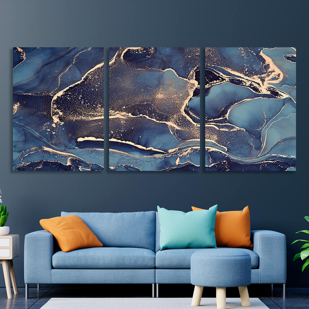 Modular abstract in dark blue and gold Multi Panel Canvas Wall Art Print