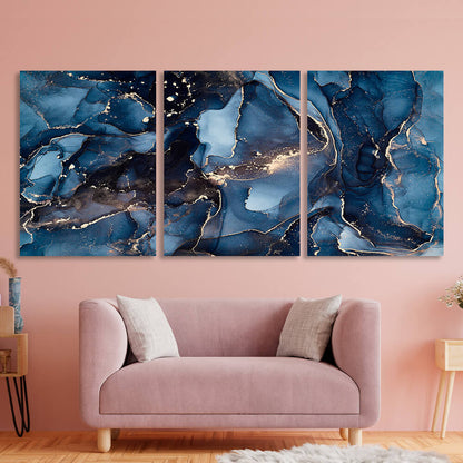 Modular abstraction in blue blues and gold shades Multi Panel Canvas Wall Art Print