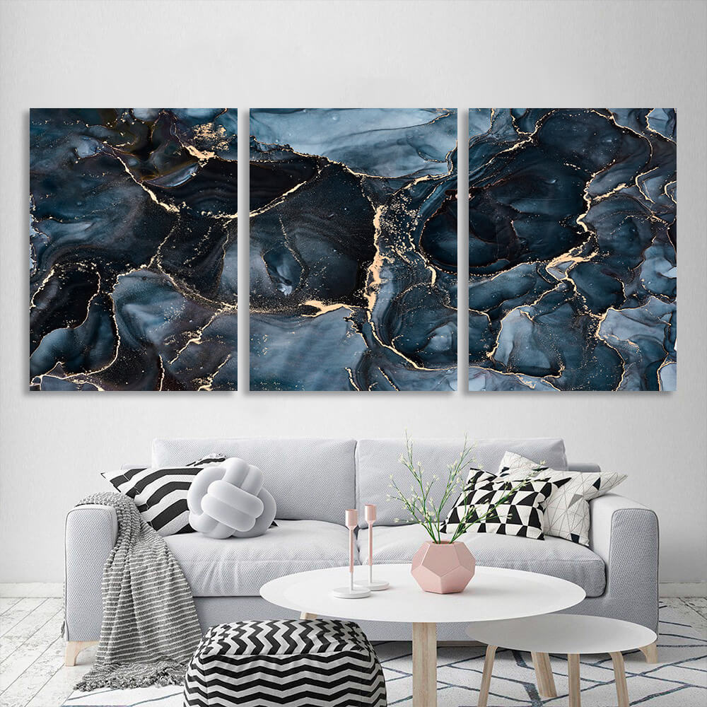 Modular abstraction in dark blues and golds Multi Panel Canvas Wall Art Print