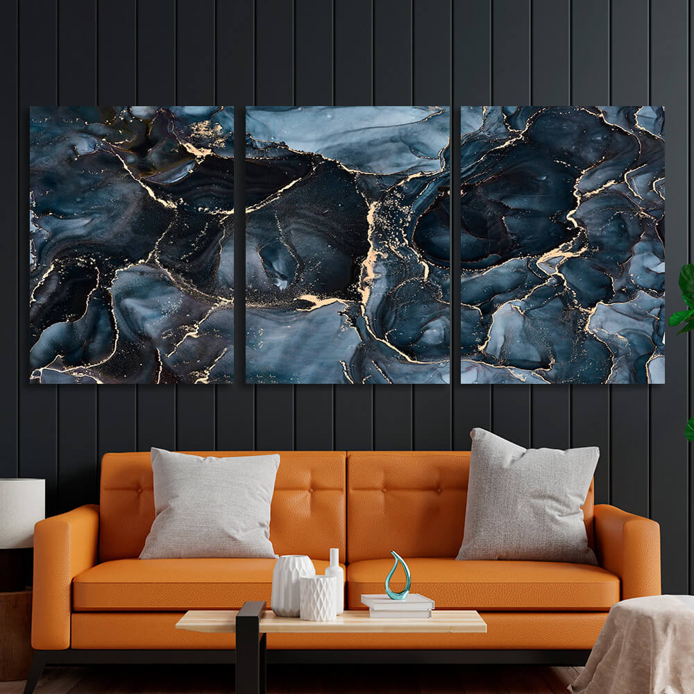 Modular abstraction in dark blues and golds Multi Panel Canvas Wall Art Print