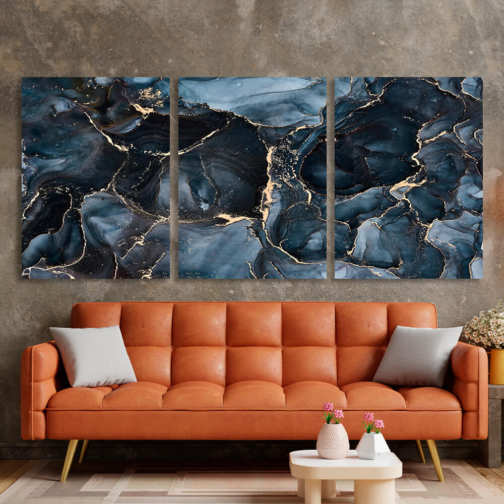 Modular abstraction in dark blues and golds Multi Panel Canvas Wall Art Print