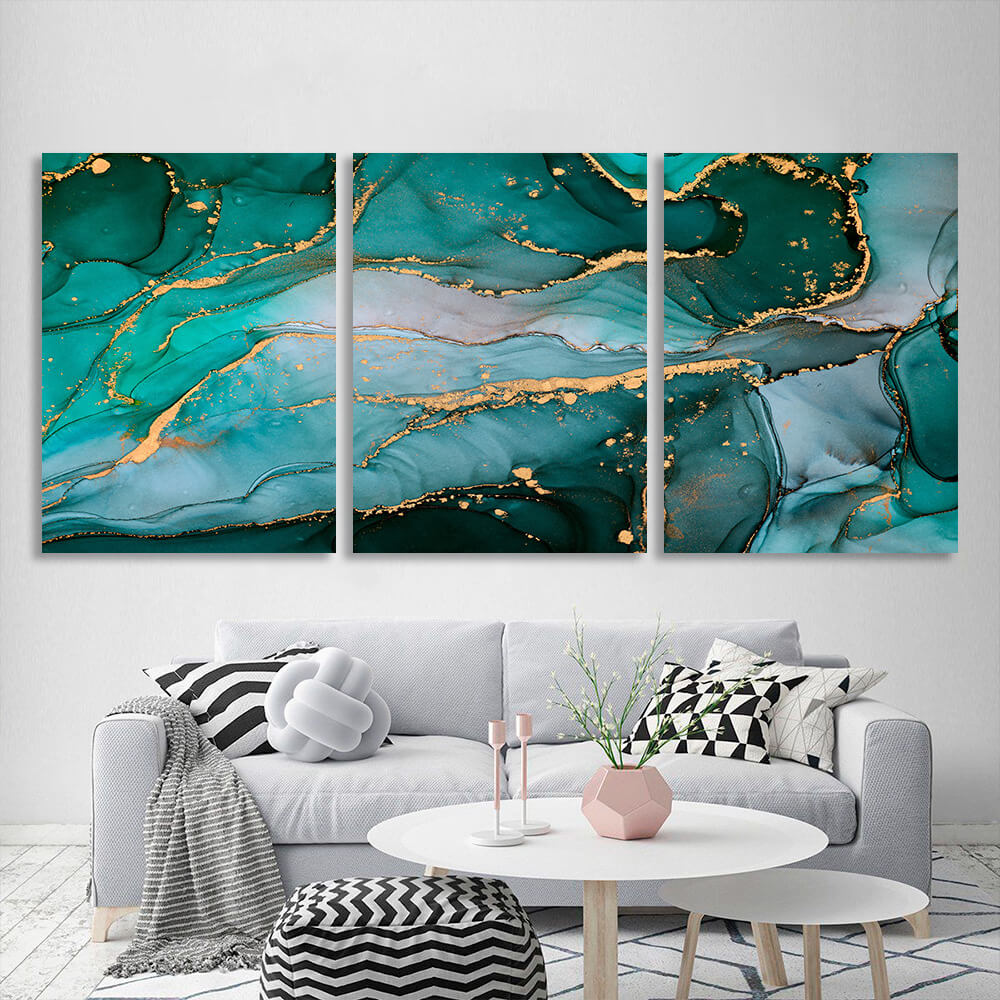 Modular green abstract with gold elements Multi Panel Canvas Wall Art Print