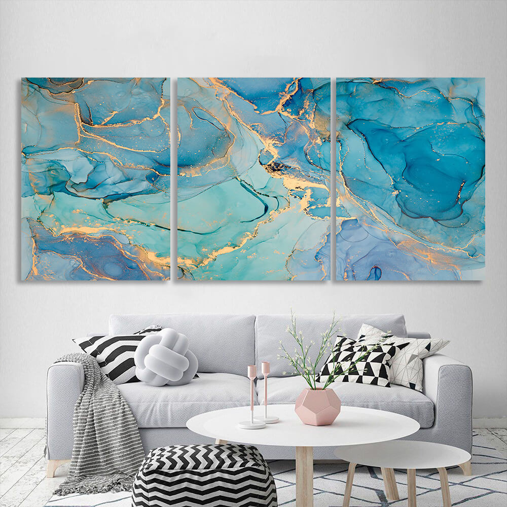 Modular abstraction in turquoise and gold colors Multi Panel Canvas Wall Art Print