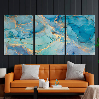 Modular abstraction in turquoise and gold colors Multi Panel Canvas Wall Art Print