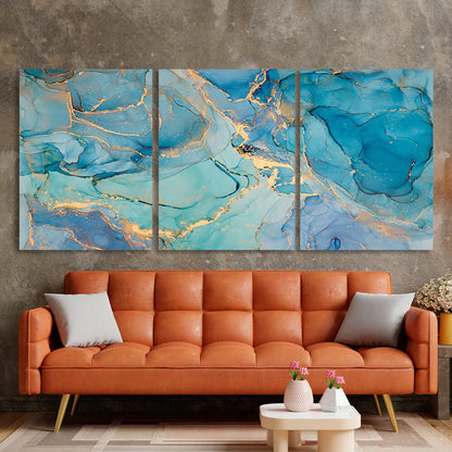 Modular abstraction in turquoise and gold colors Multi Panel Canvas Wall Art Print