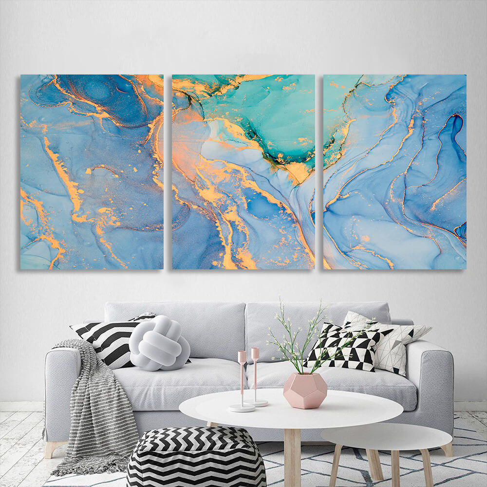 Modular abstract in blue and gold colors Multi Panel Canvas Wall Art Print