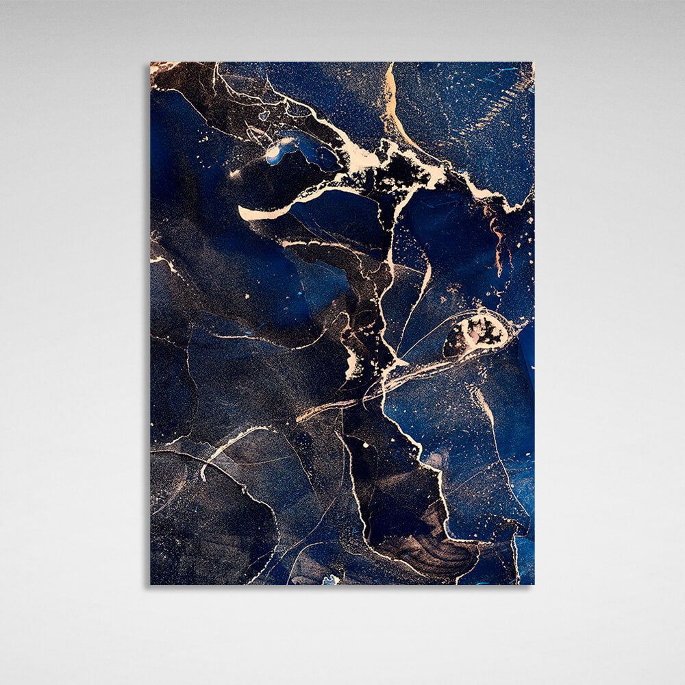 Blue and black abstract with gold elements Abstraction Canvas Wall Art Print