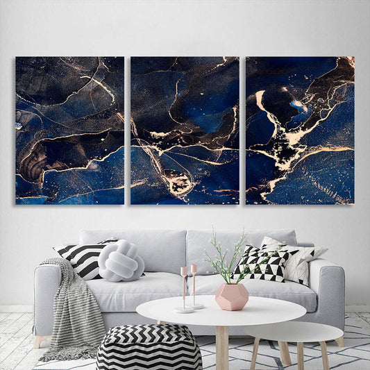 Modular abstract deep blue with gold elements Multi Panel Canvas Wall Art Print